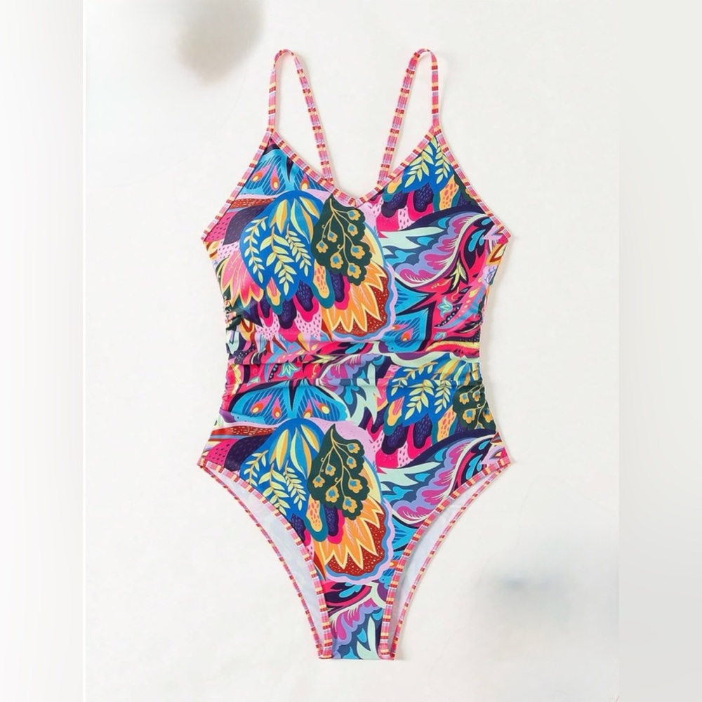 NEW Milumia Boho All Over Print 1Pc Swimsuit Cutout Back Multicolor Womens Large